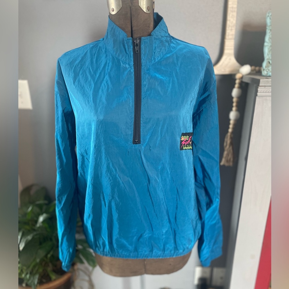 Vintage Surf Style‎ Pullover Windbreaker Jacket 1/4 Zip Blue Retro